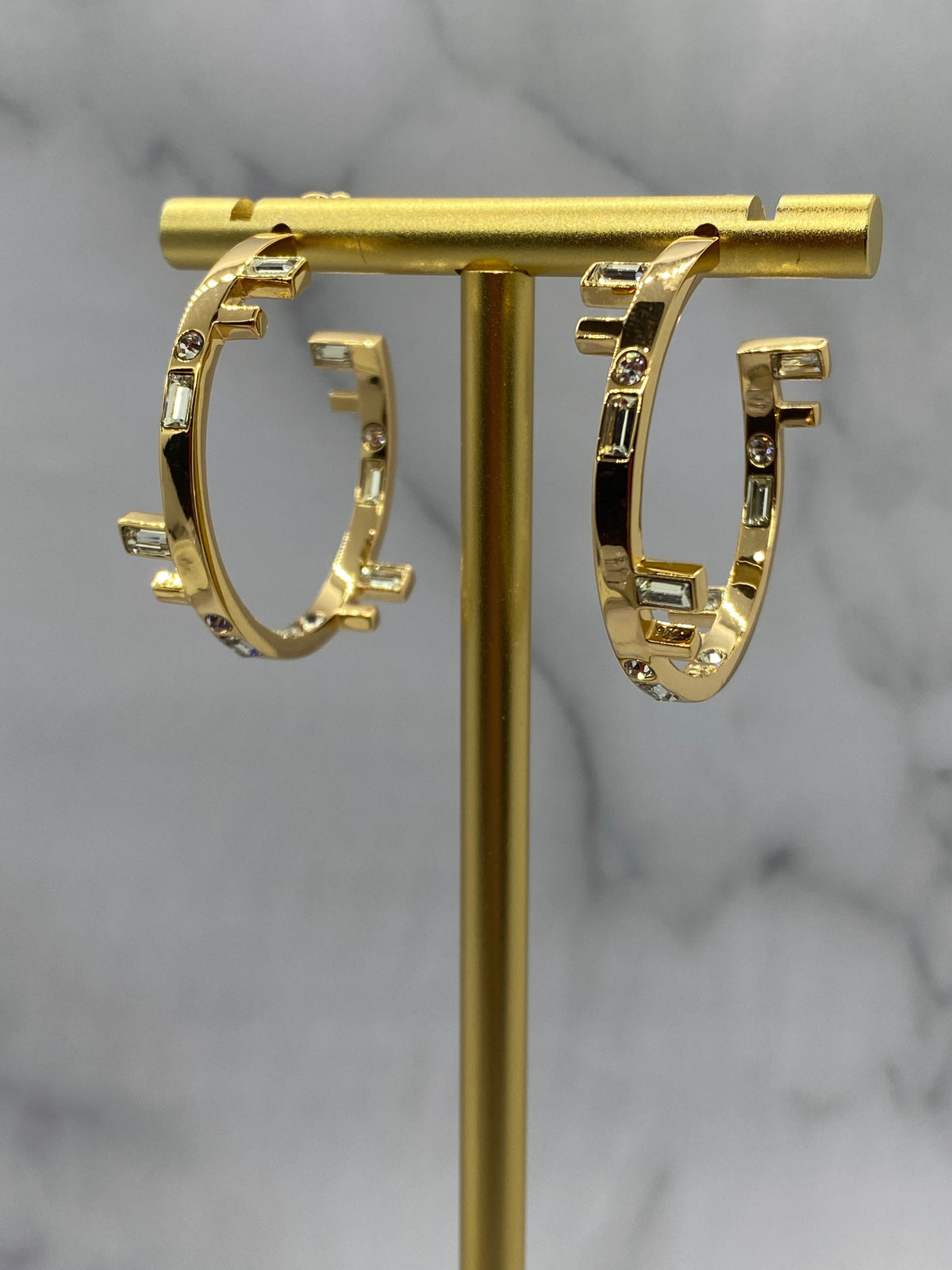 FENDI F Gold Tone Rhinestone Hoop Earrings - Pre owned