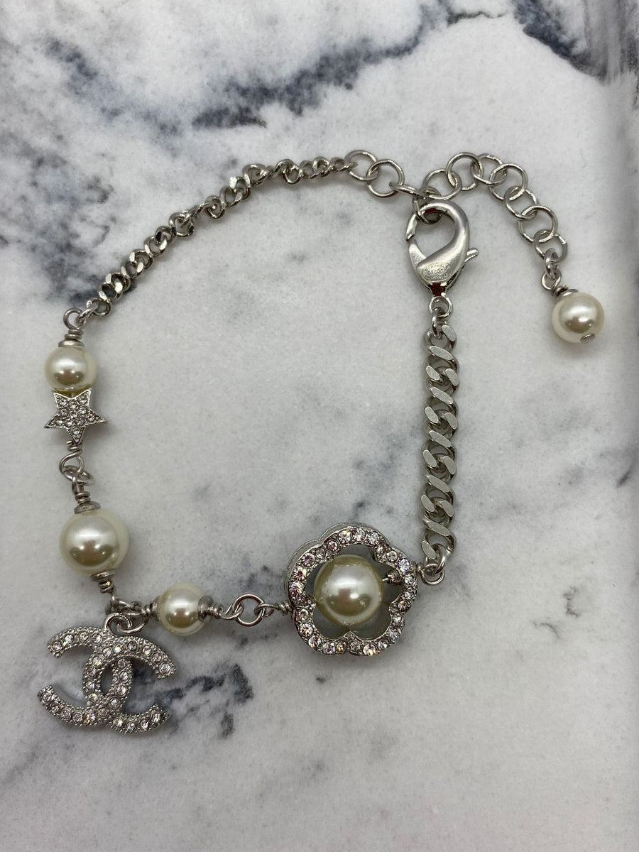 CHANEL CC Silver Tone Rhinestone Charm Bracelet - Pre owned