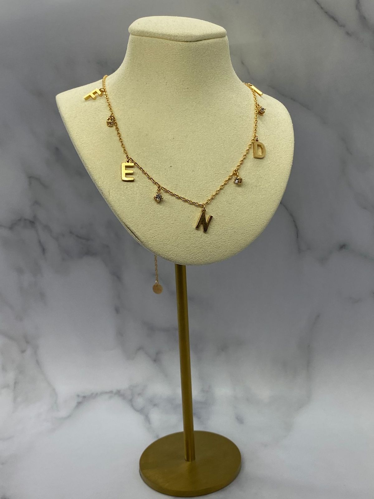 FENDI Gold Tone Rhinestone Monogram Necklace - Pre owned