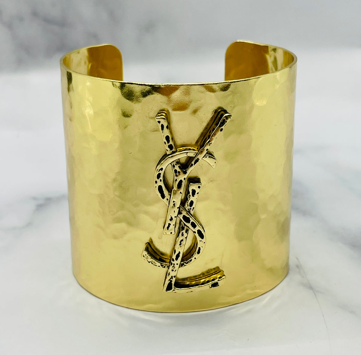 YSL YVES SAINT LAURENT Gold Tone Monogram Cuff Bracelet - Pre owned