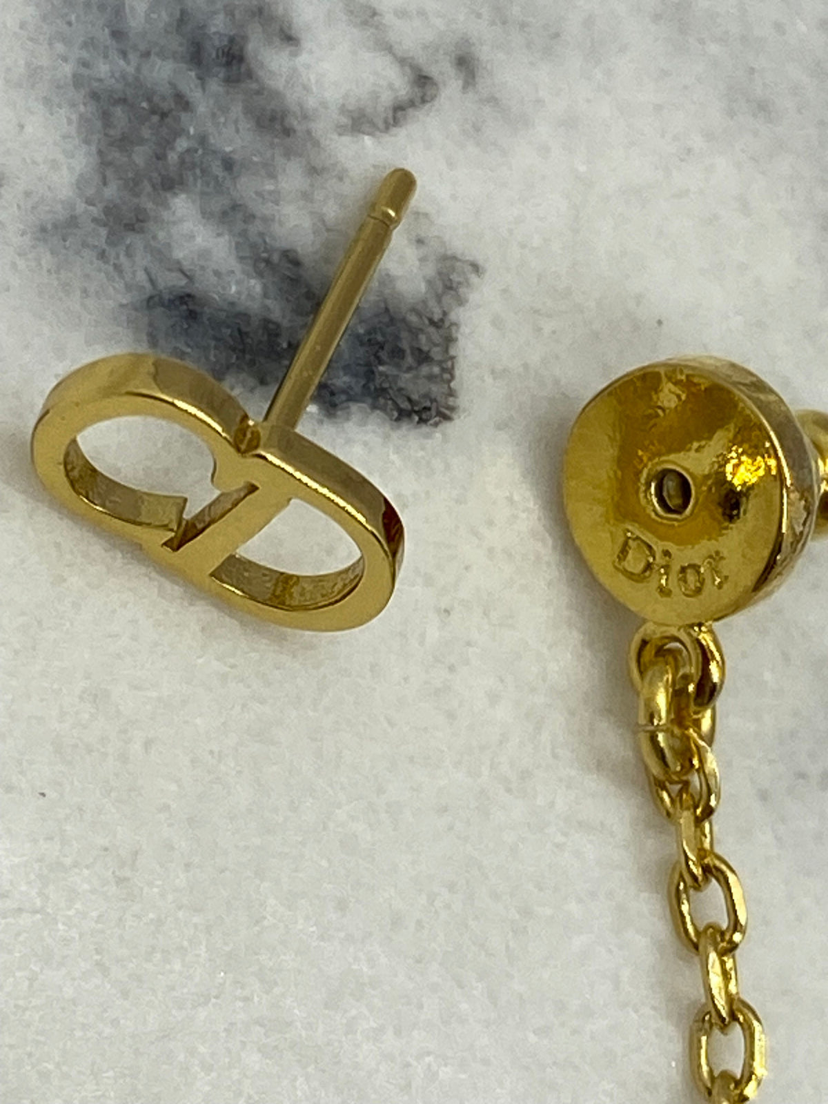 CHRISTIAN DIOR CD Gold Tone Pendant Rhinestone Earrings - USED