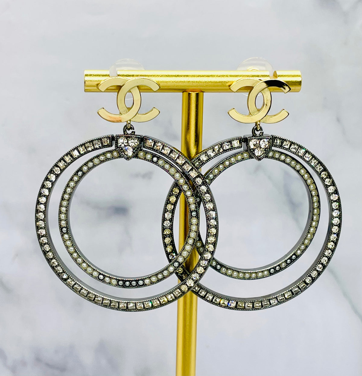 CHANEL CC Double Hoop Rhinestone Earrings - Pre owned
