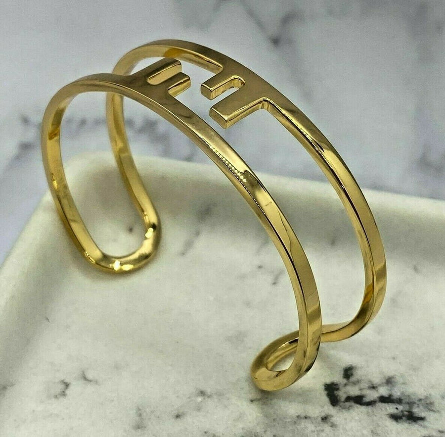 FENDI FF Gold Tone Bangle Luxury Cuff Bracelet - Pre owned