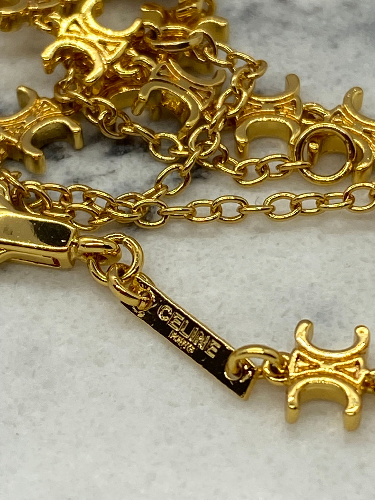 CELINE Gold Tone Monogram Chain Necklace - Pre owned