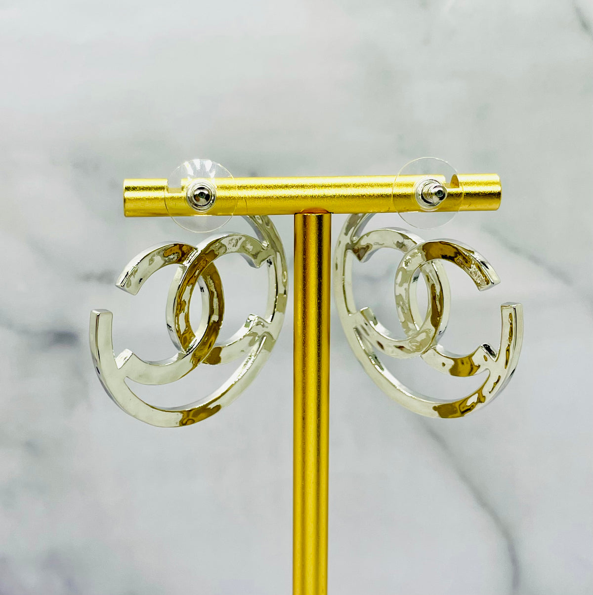 CHANEL CC Silver Tone Hoop Earrings - Pre owned