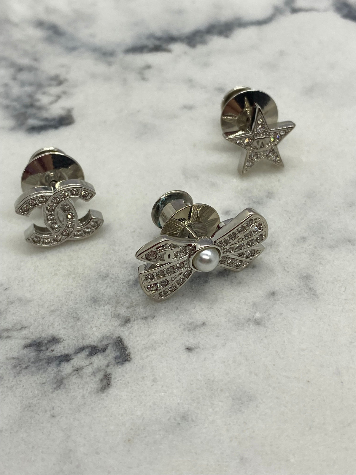 CHANEL Silver Tone Rhinestone Brooch Set Of 3 Pins - USED
