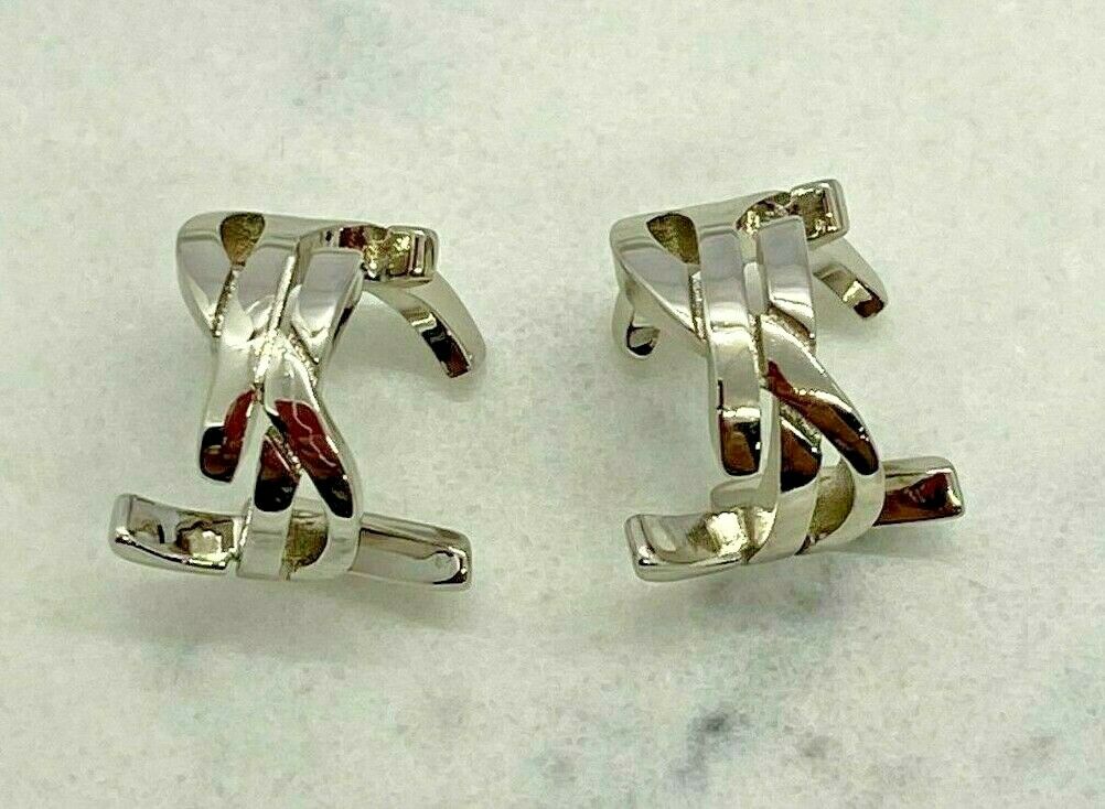 YSL Yves Saint Laurent Logo Silver Cuff Hoop Earrings - Pre owned