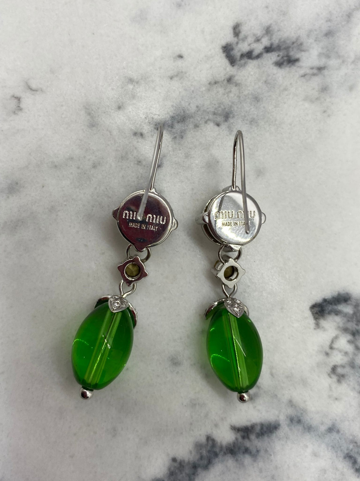 MIU MIU Silver Tone Green Stone Pendant Earrings - Pre owned