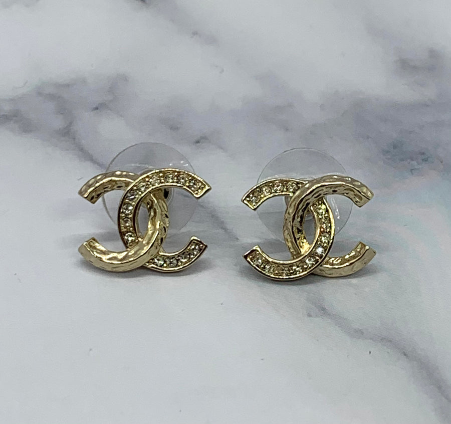 CHANEL CC Gold Tone Rhinestone Earrings - USED