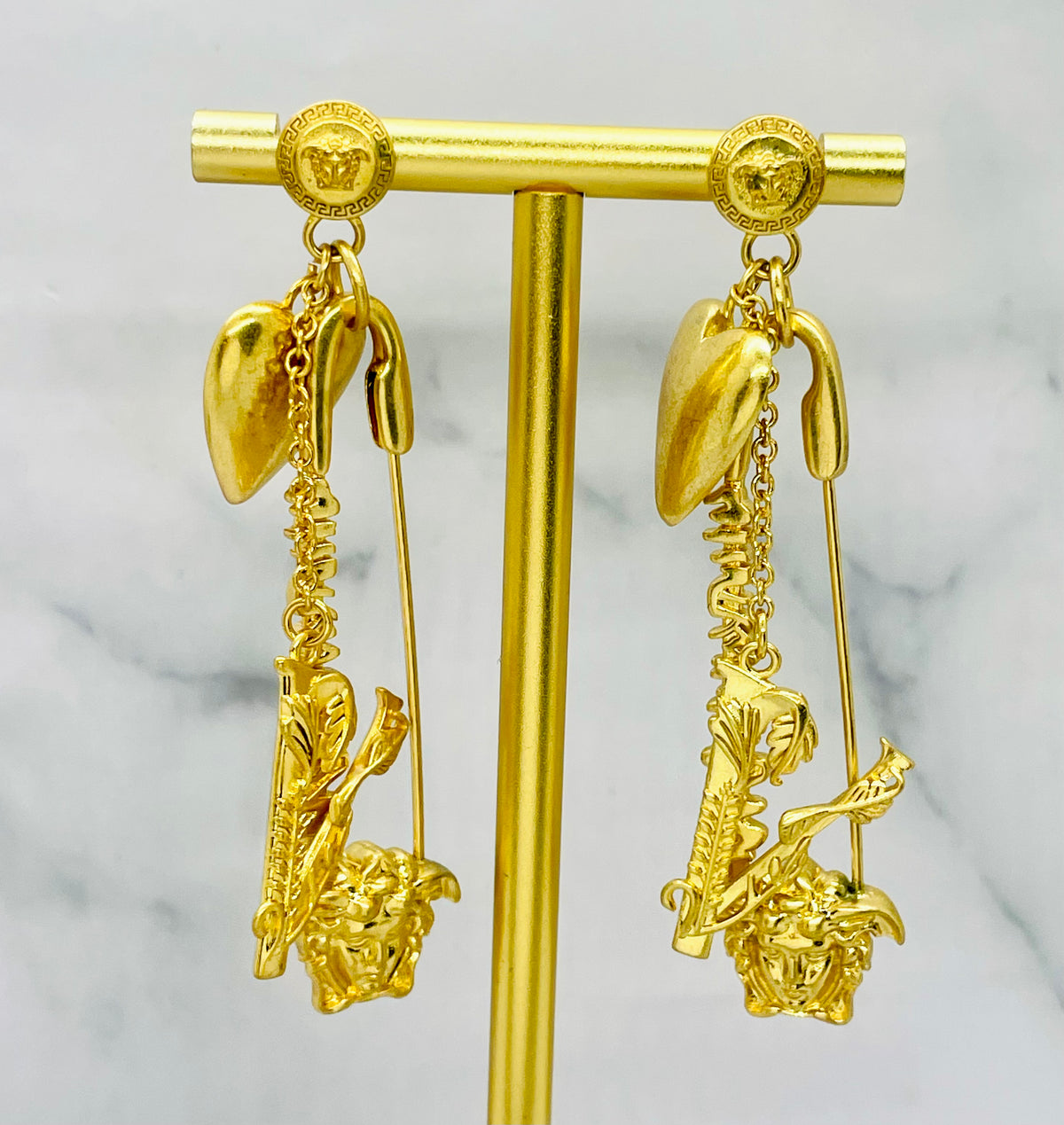 VERSACE Medusa Gold Tone Safety Pin Heart Pendant Earrings - Pre owned