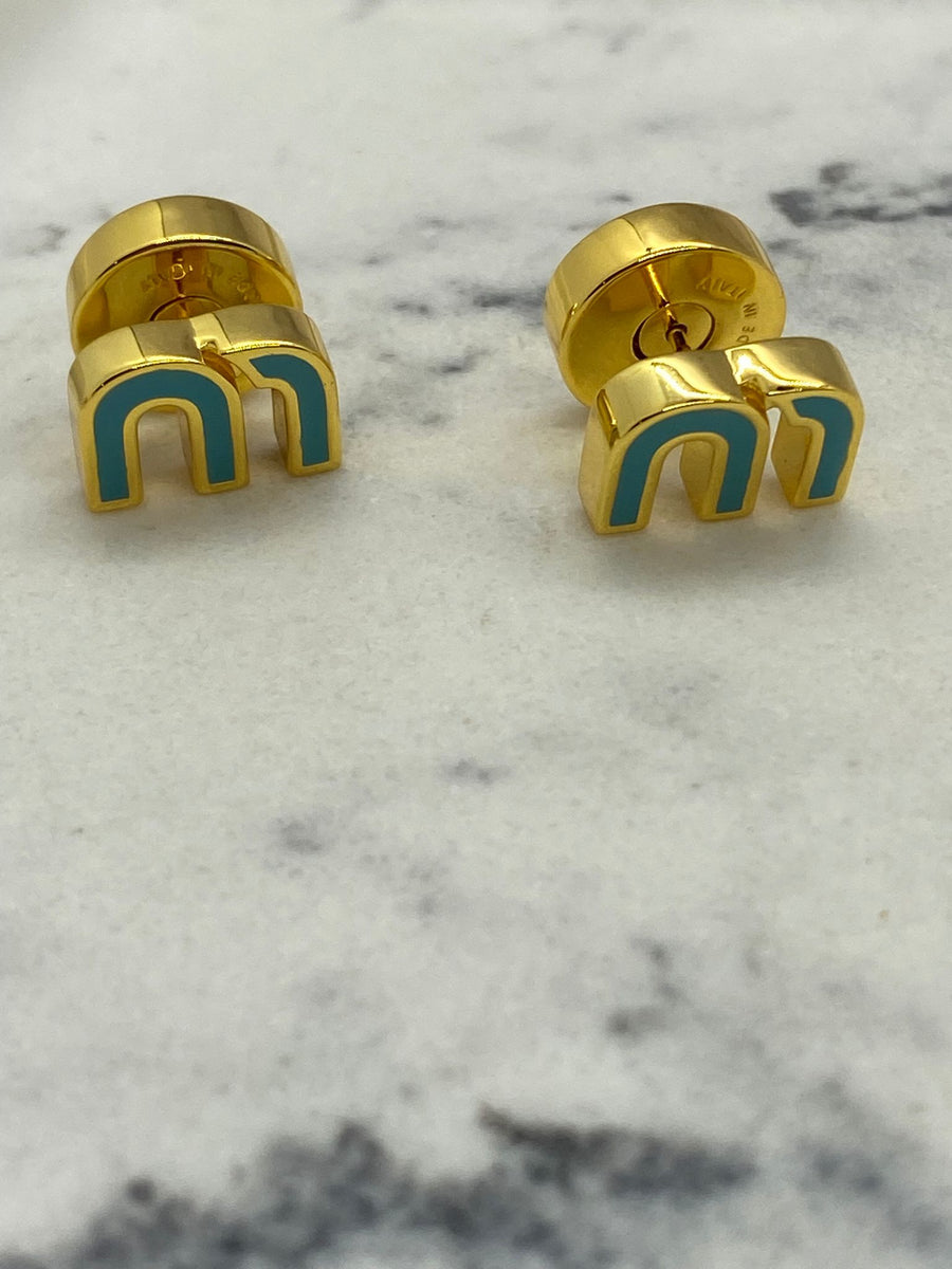MIU MIU Blue and Gold Monogram Earrings - Pre owned