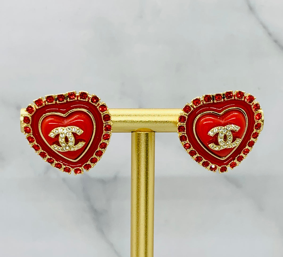 CHANEL CC Red Rhinestone Heart Earrings - Pre owned
