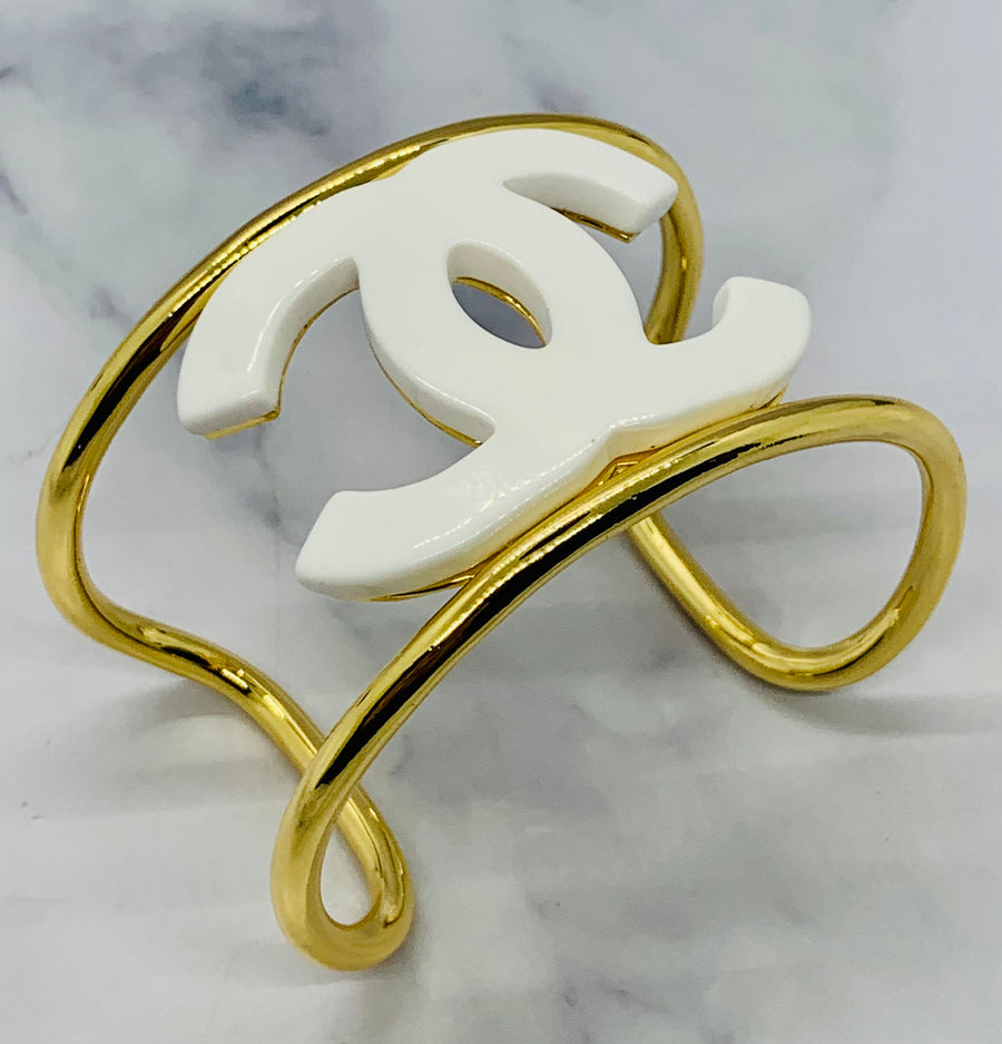 CHANEL CC White & Gold Bangle Cuff Bracelet - USED