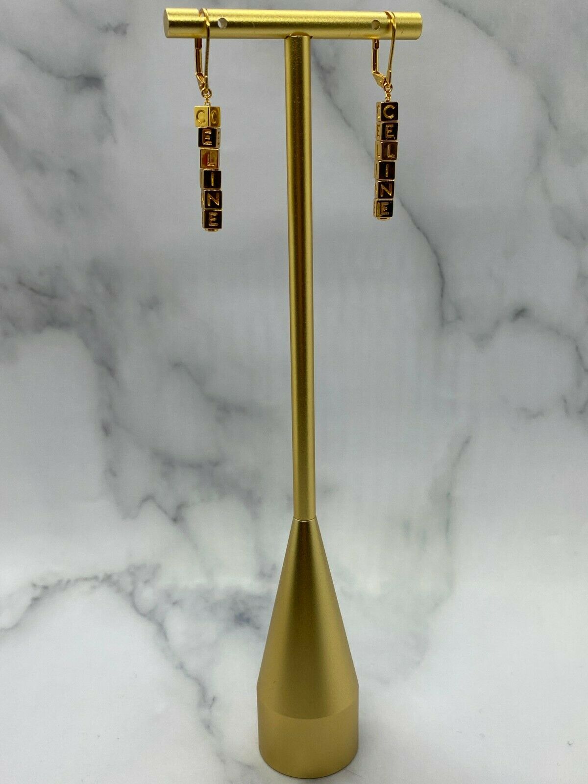 CELINE Gold Tone Block Letter Pendant Earrings - Pre owned