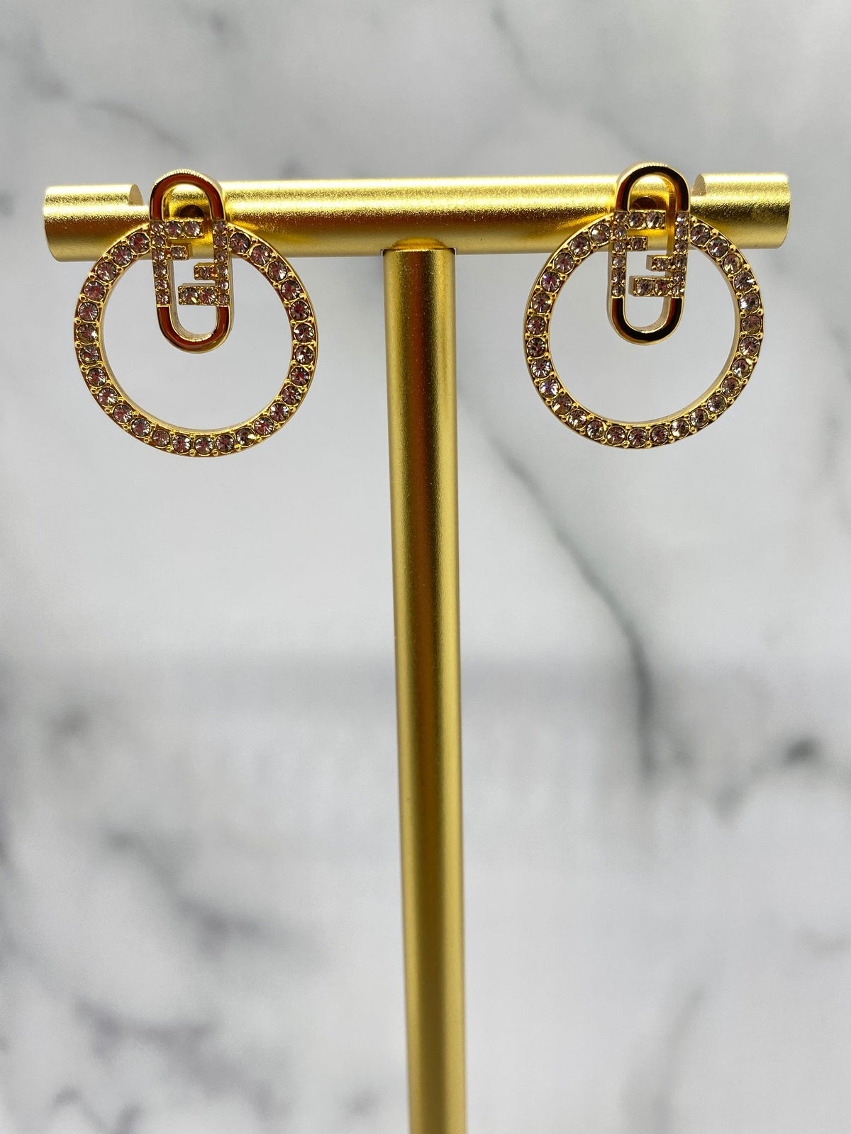FENDI F Gold Tone Rhinestone Circle Earrings - Pre owned