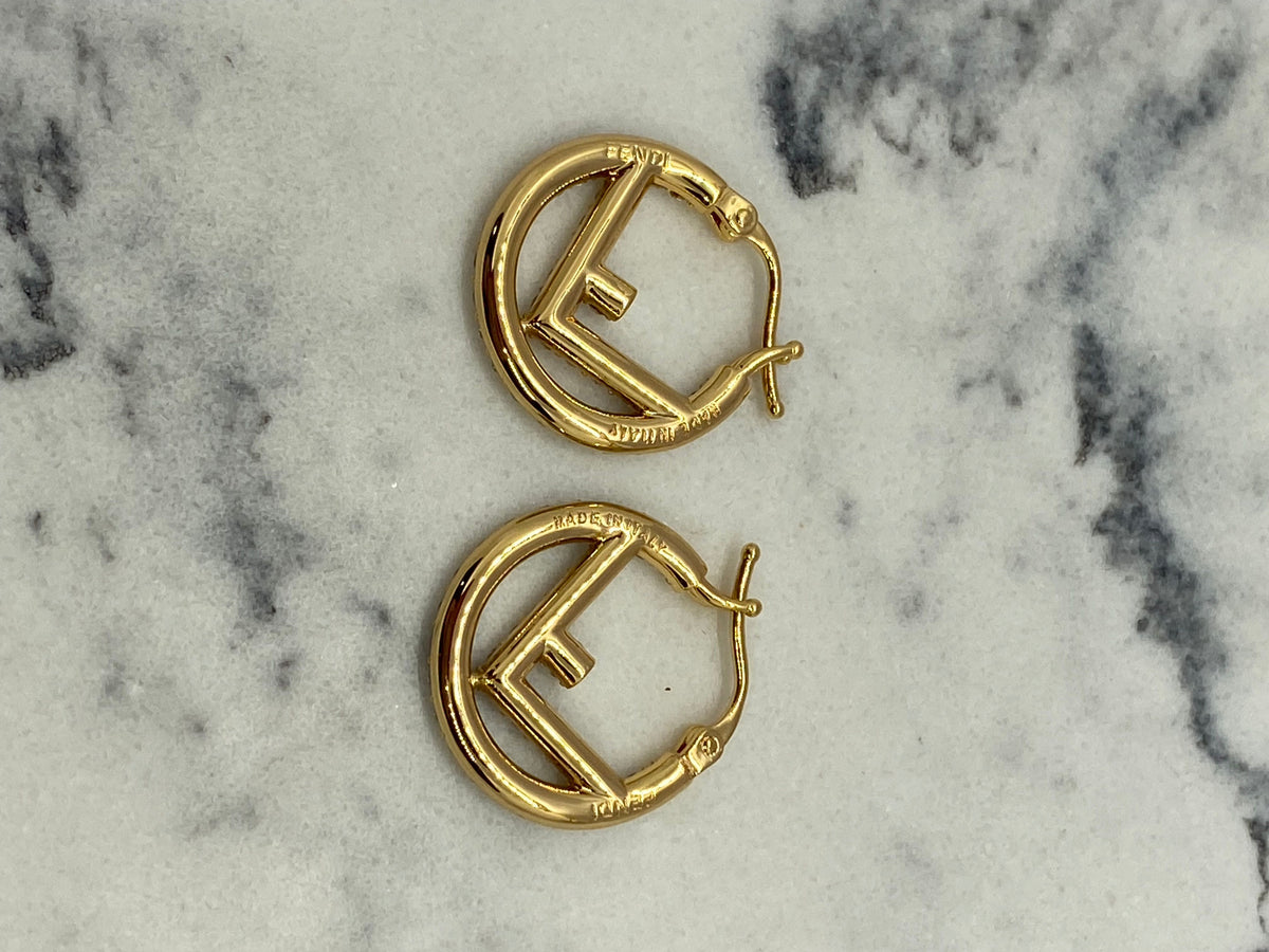 FENDI F Gold Tone Rhinestone Hoop Earrings - USED