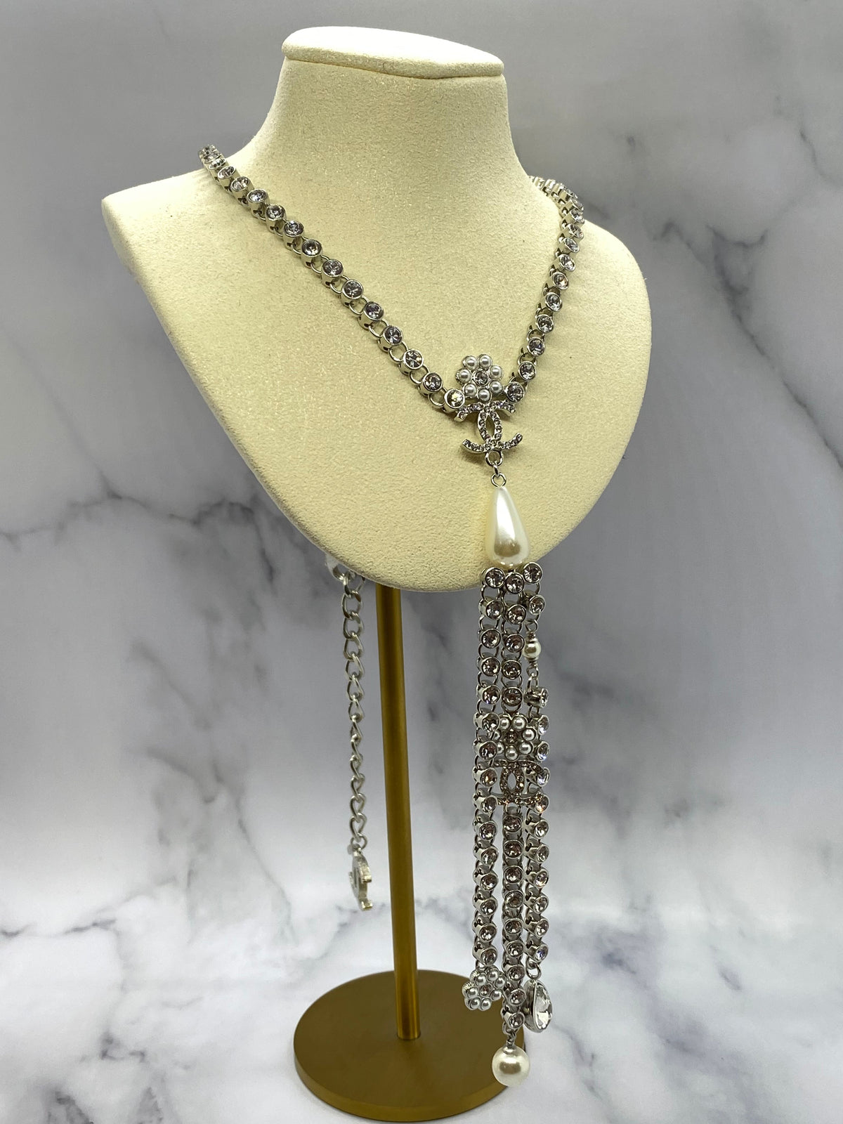 CHANEL CC Gold Tone Rhinestone Fringe Necklace - USED