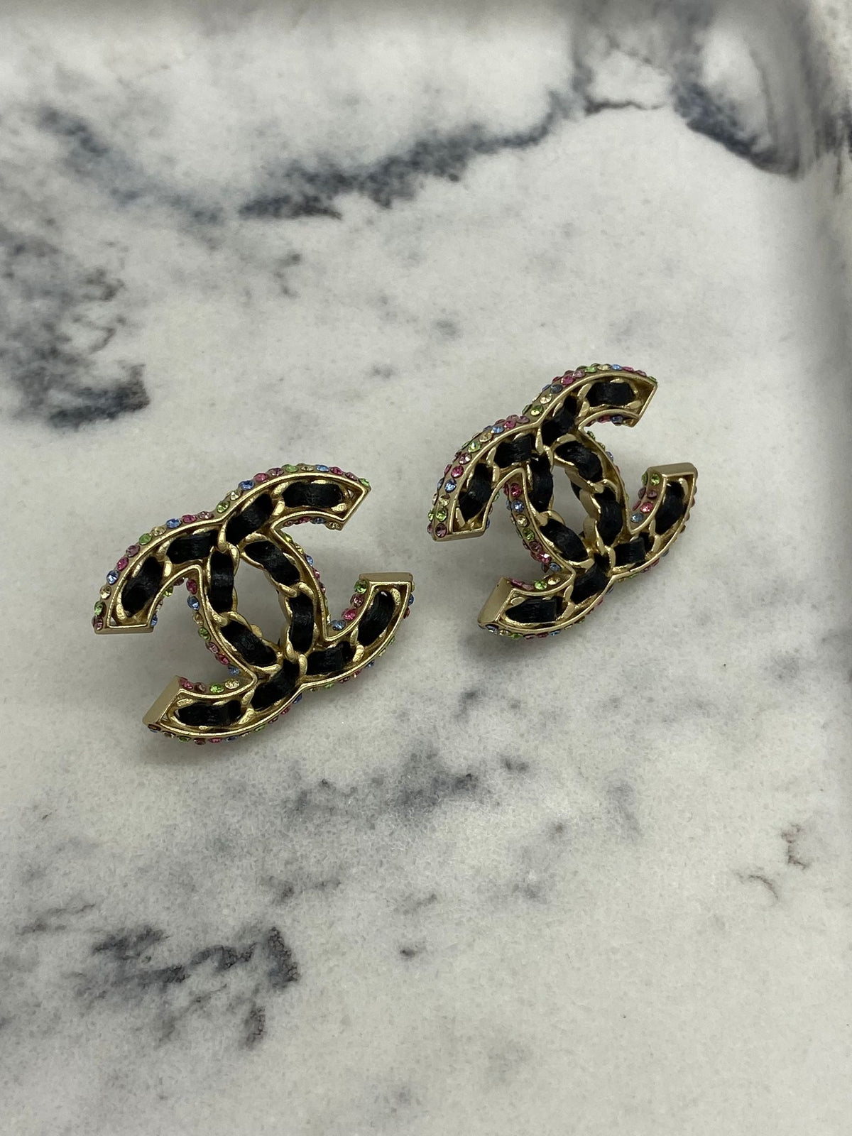 CHANEL Leather & Rhinestone Trim Earrings - Pre owned /