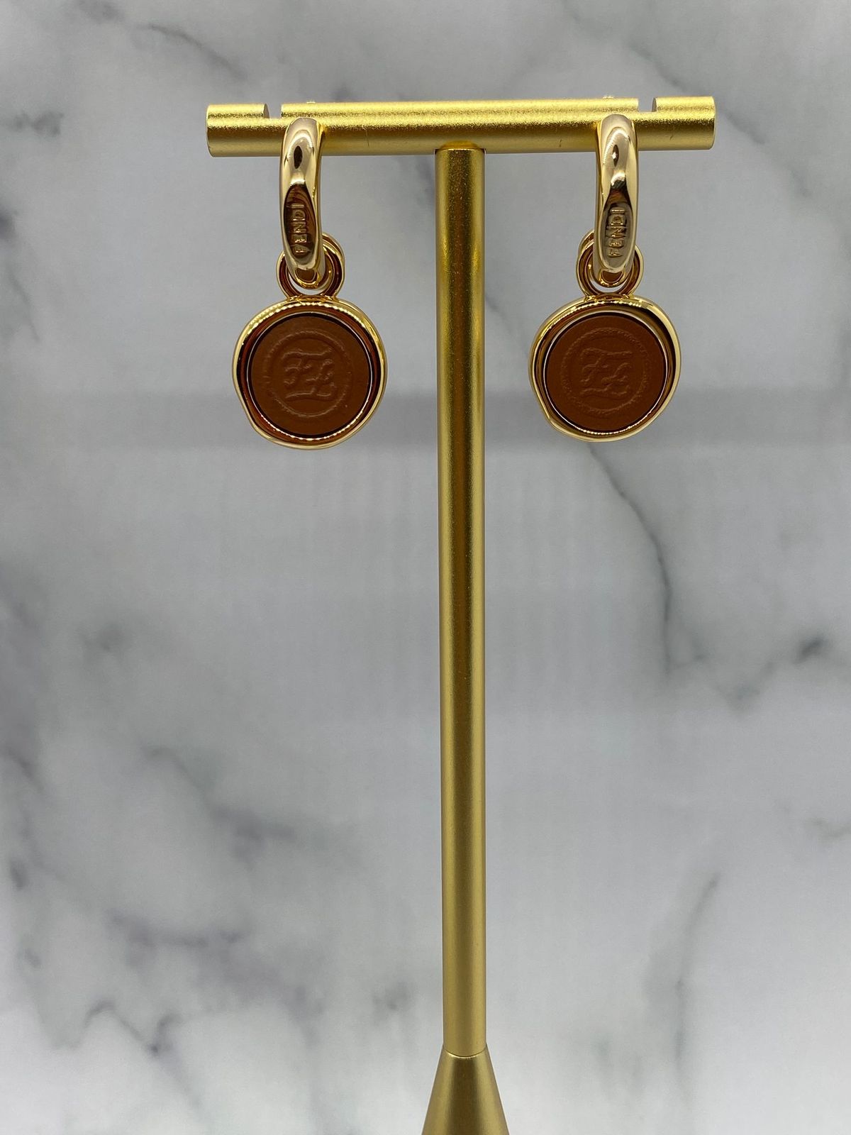 FENDI Gold Tone Monogram Earrings - Pre owned
