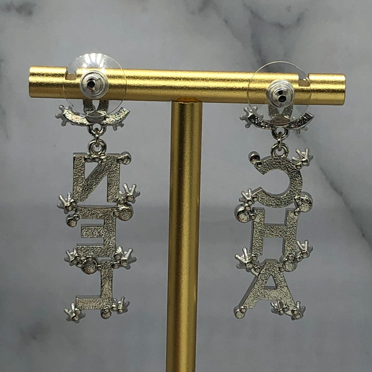 CHANEL CC Silver Tone Rhinestone Pendant Earrings - Pre owned