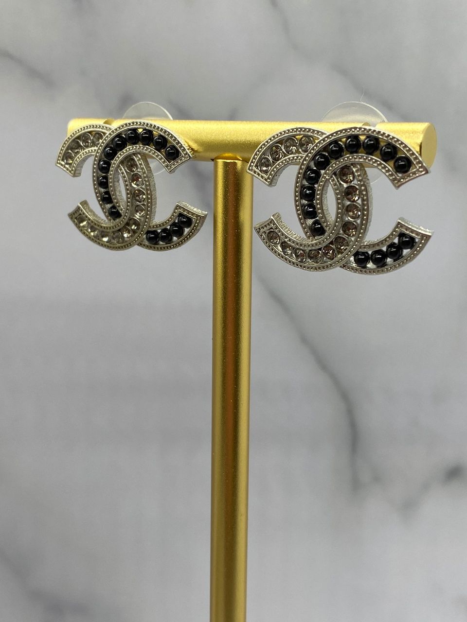 CHANEL Silver Tone Rhinestone Earrings - USED