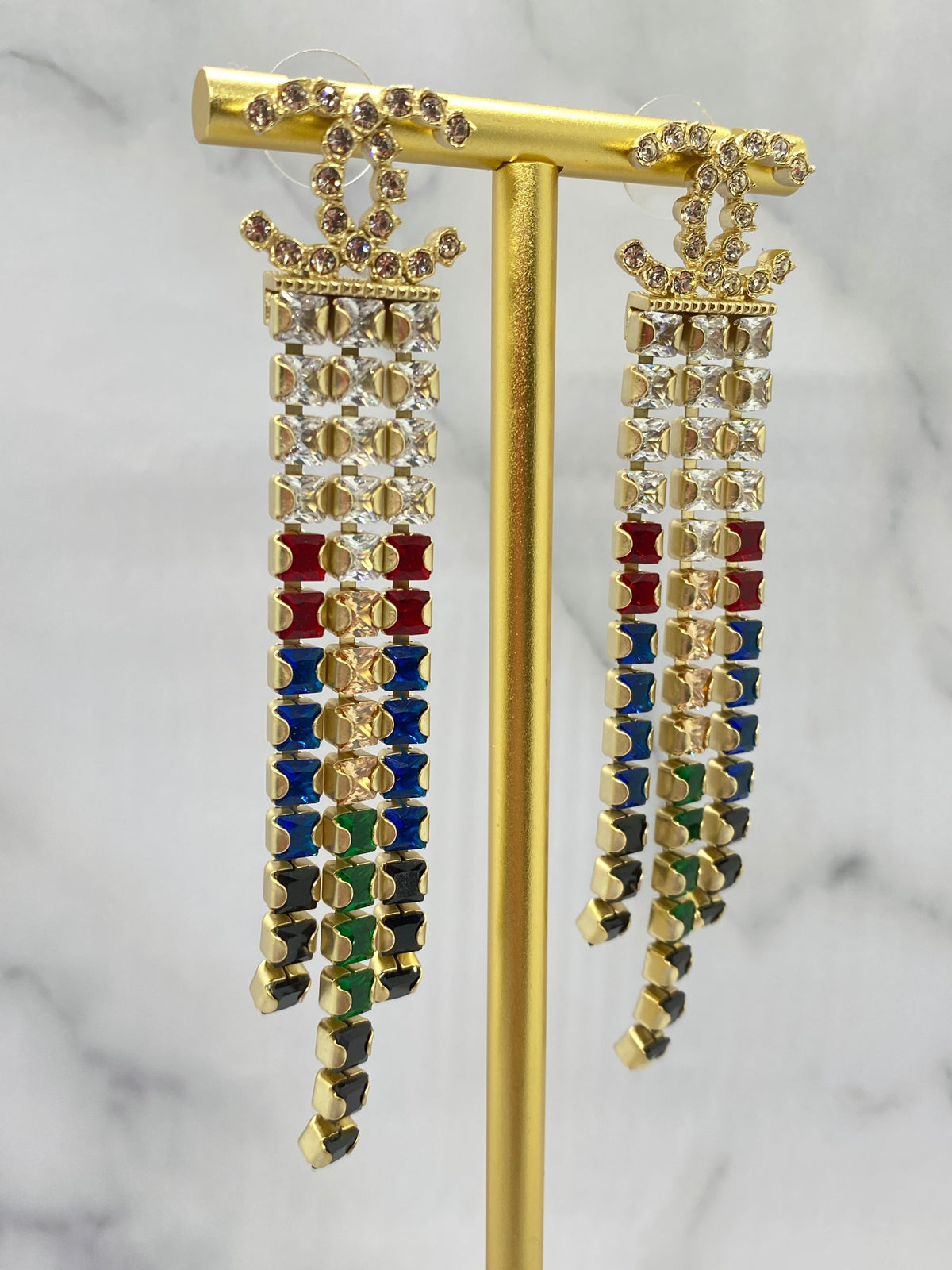 CHANEL CC 2019 Rhinestone Color Fringe Earrings - Pre owned