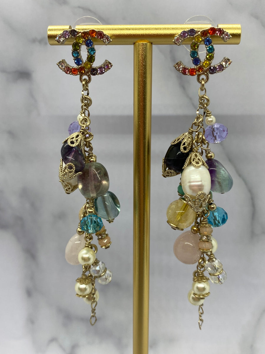 CHANEL CC Colorful Beaded Pendant Earrings - USED