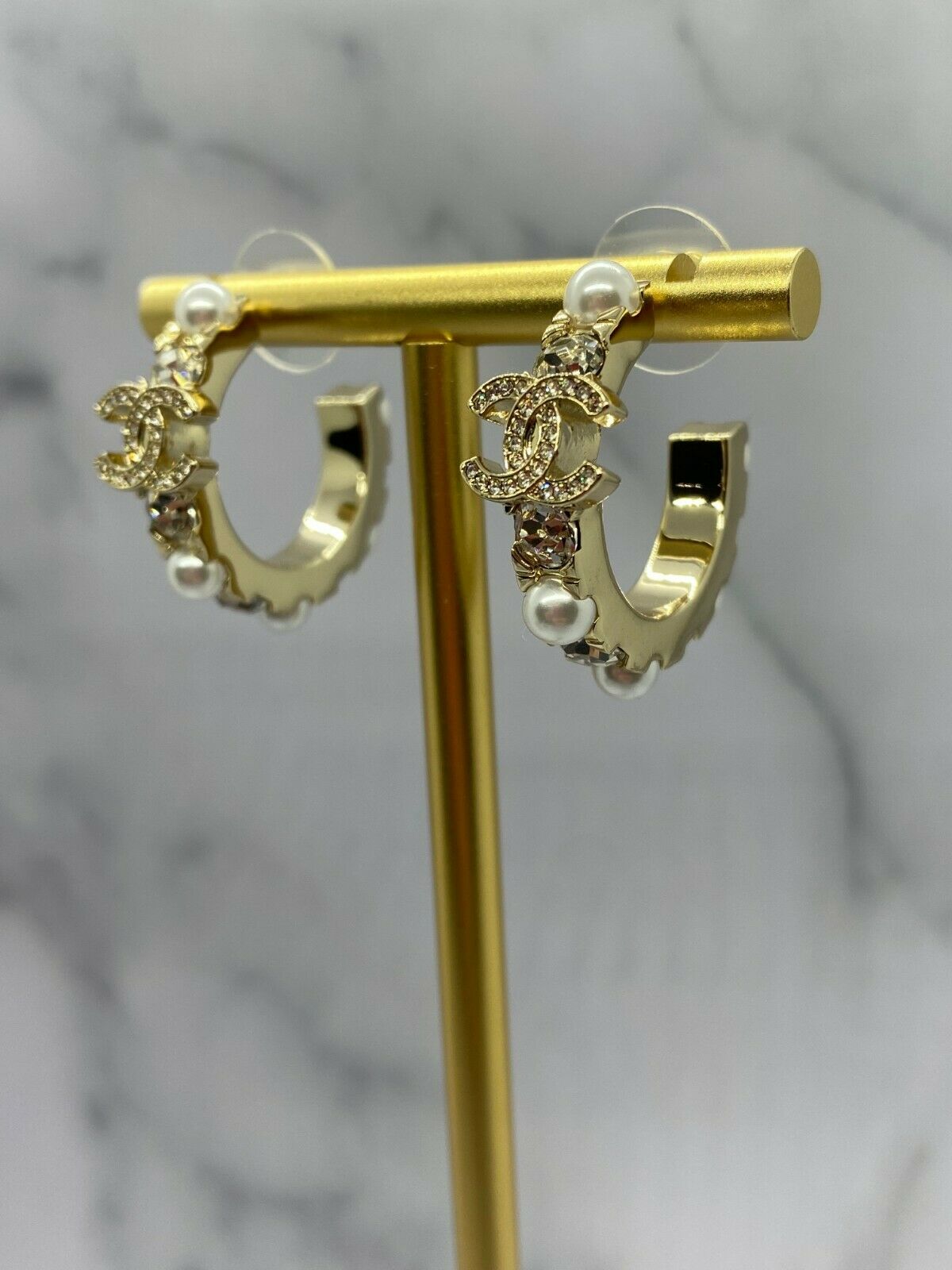 CHANEL CC Gold Tone Pearl & Rhinestone Hoop Earrings - USED