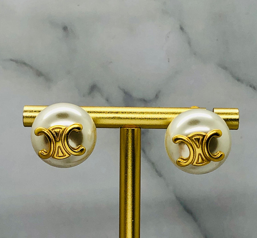 CELINE Large Pearl Monogram Earrings - Pre owned