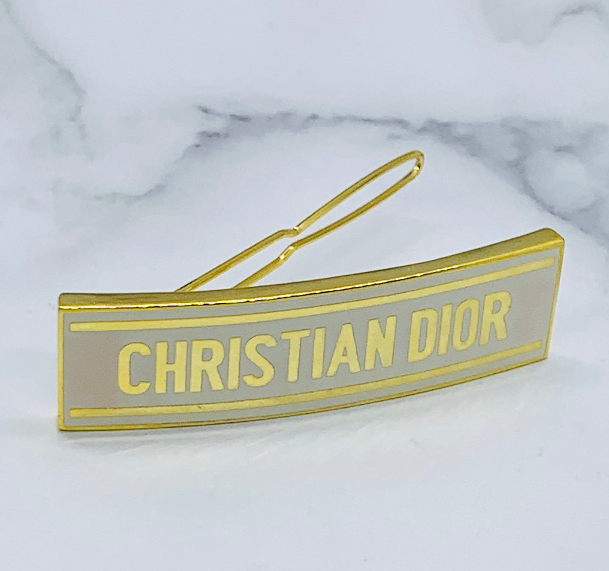 CHRISTIAN DIOR Monogram Gold & White Hair Clip Barrette - Preowned
