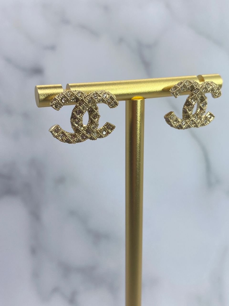 CHANEL CC Gold Tone Rhinestone Earrings - Pre owned