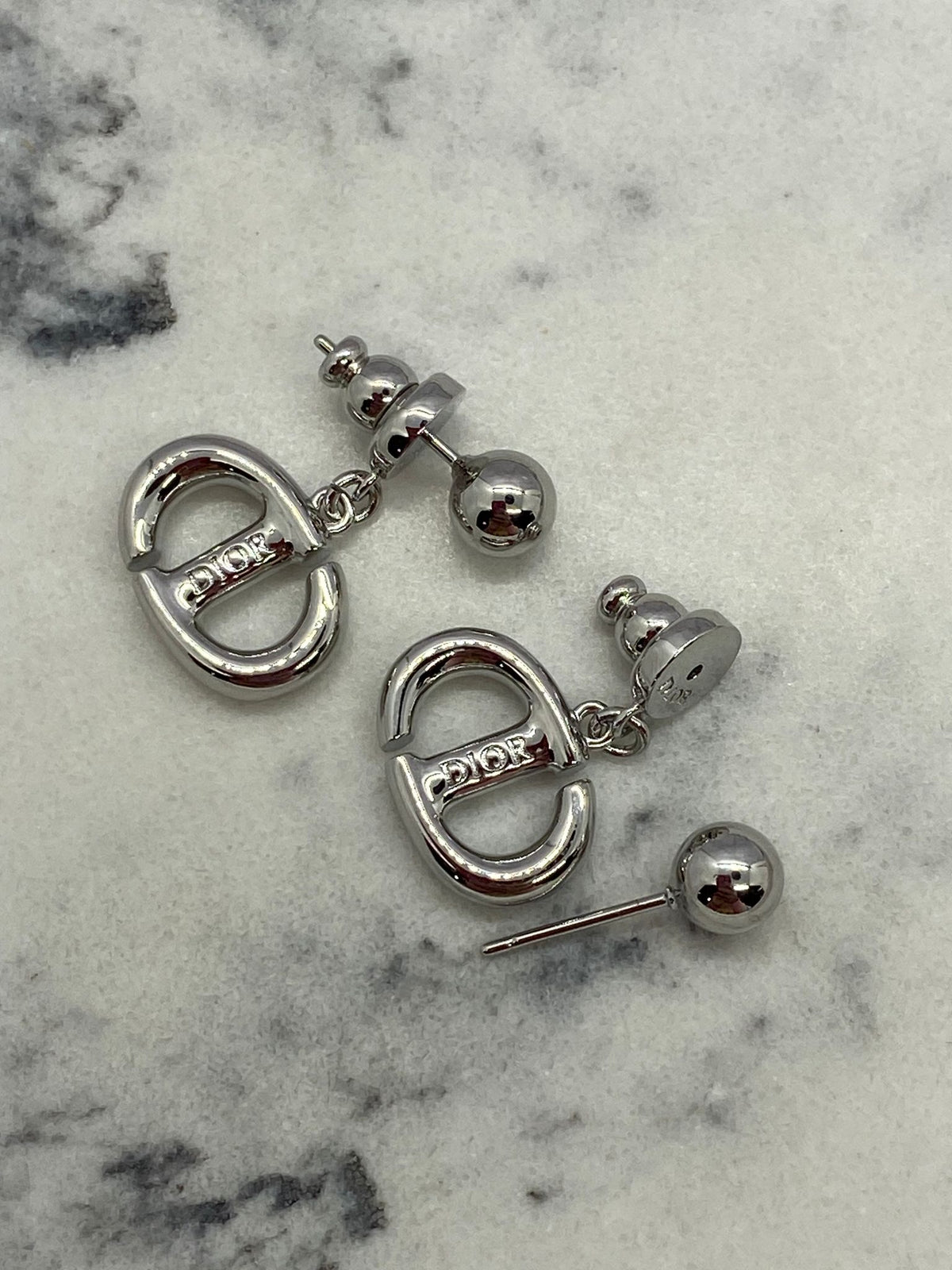 CHRISTIAN DIOR CD Silver Tone Monogram Earrings - Pre owned
