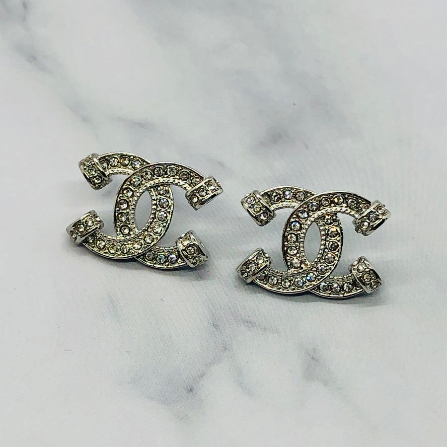 CHANEL CC Silver Tone Rhinestone Earrings - Pre owned