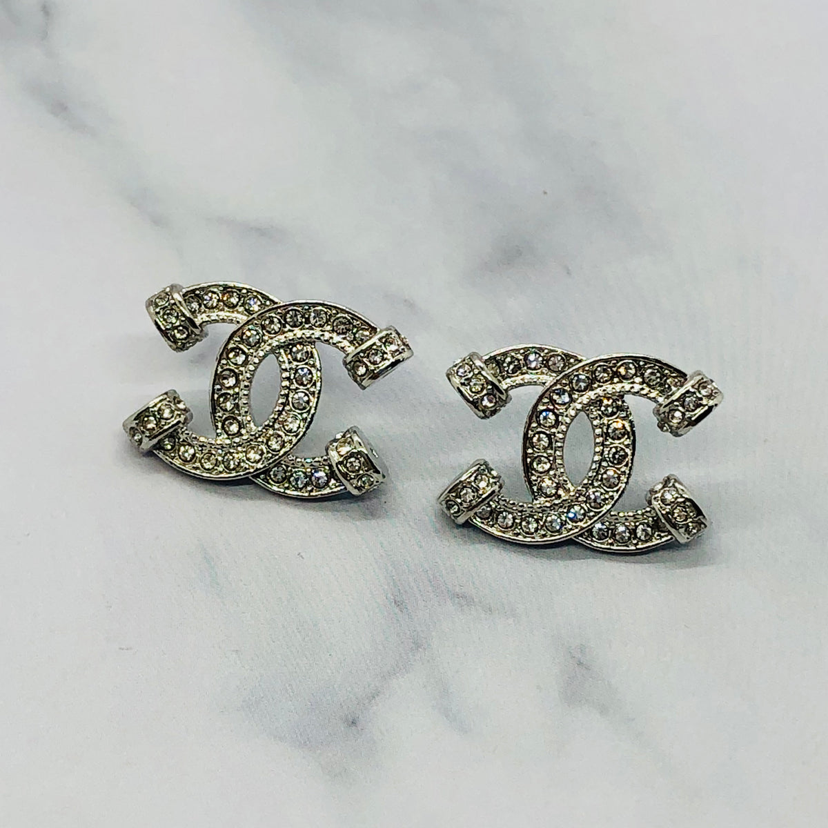 CHANEL CC Silver Tone Rhinestone Earrings - Pre owned