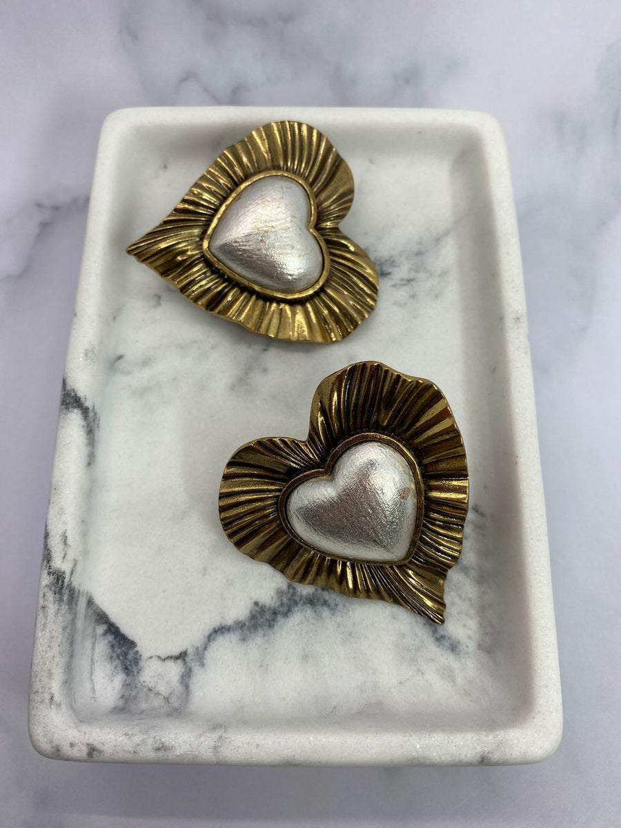 YSL YVES SAINT LAURENT Brass & Silver Heart Earrings - Pre owned