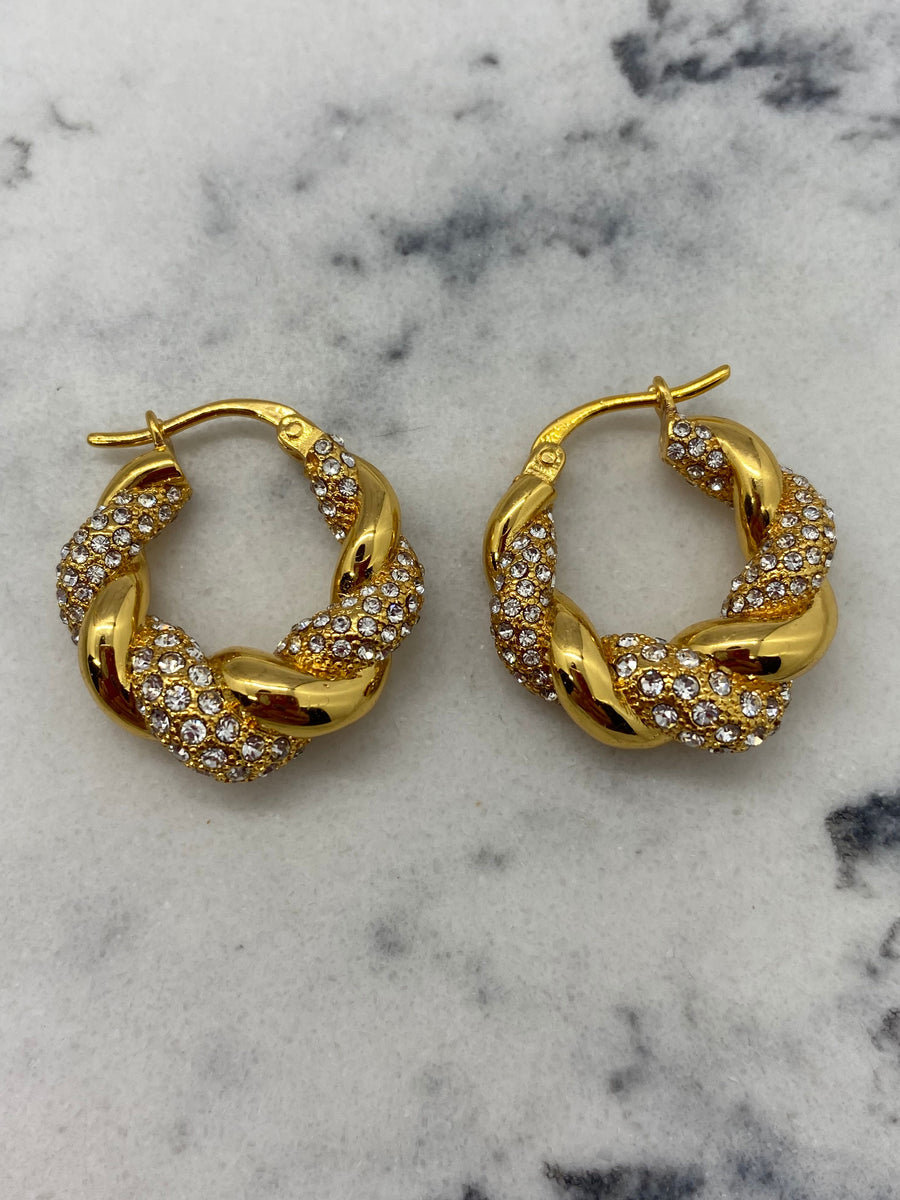 Auth BOTTEGA VENETA Gold Tone Rhinestone Hoop Earrings - Pre owned