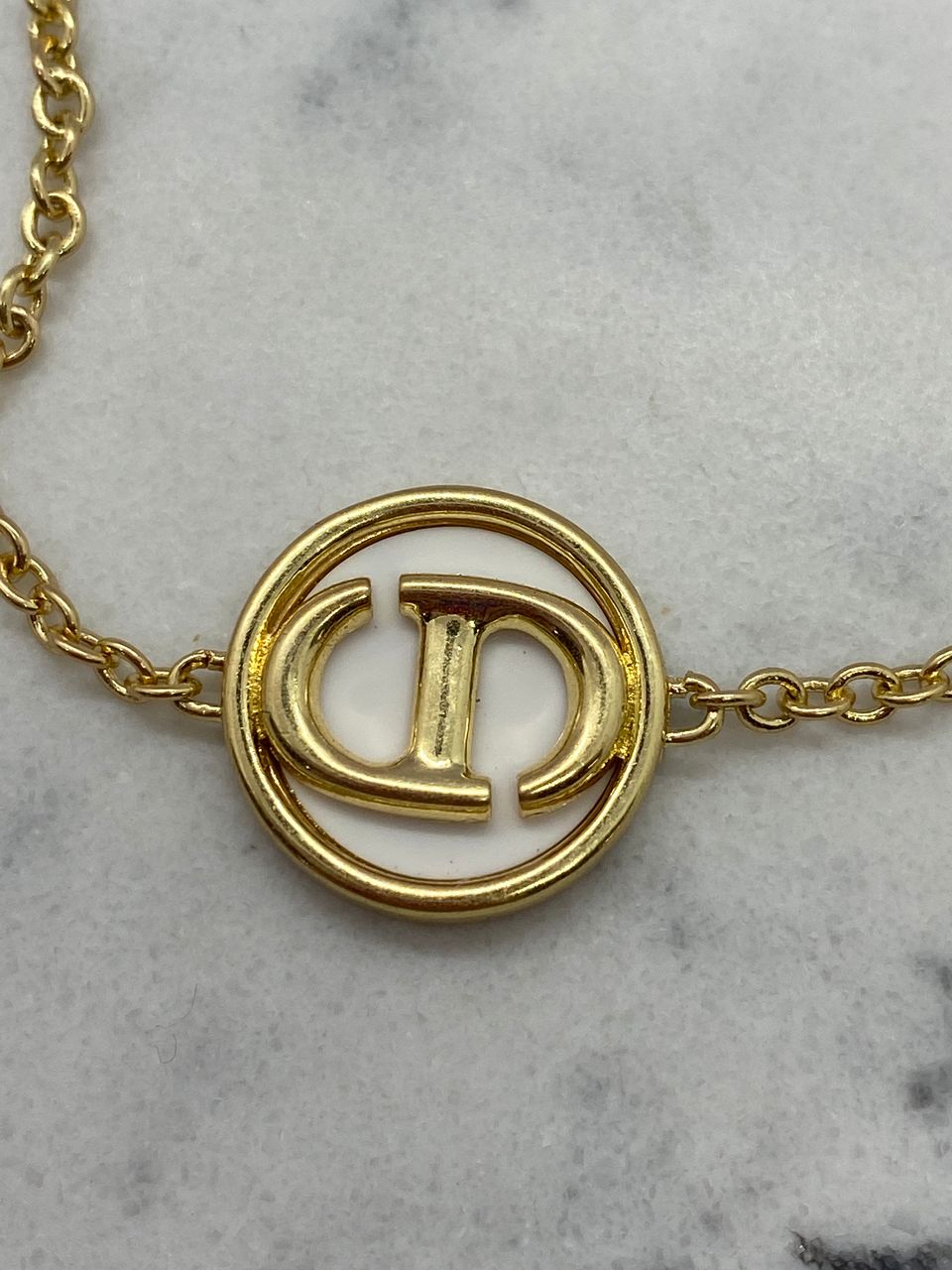 Auth CHRISTIAN DIOR CD Gold Tone White Logo Chain Bracelet - USED