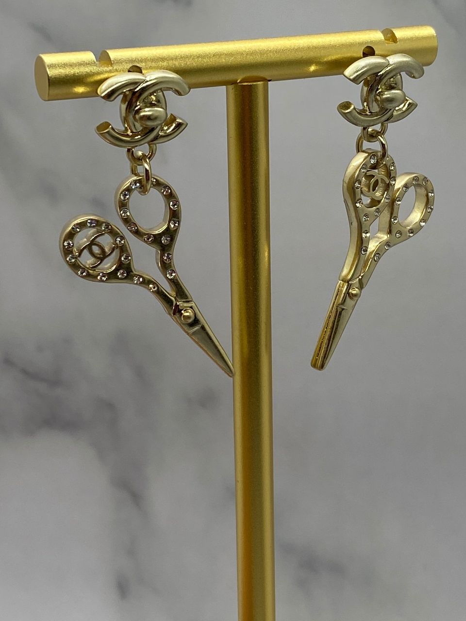 CHANEL CC Gold Tone Rhinestone Scissor Earrings - Pre owned