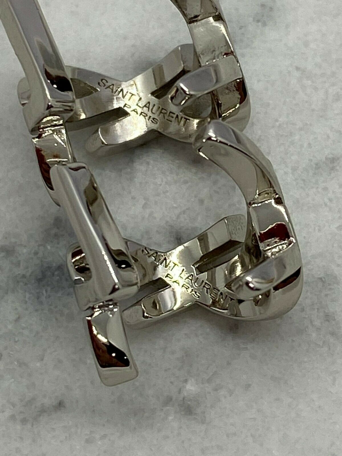 YSL Yves Saint Laurent Logo Silver Cuff Hoop Earrings - Pre owned