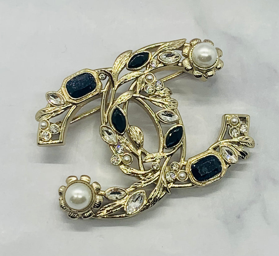 CHANEL CC Ornate Rhinestone Brooch Pin - USED