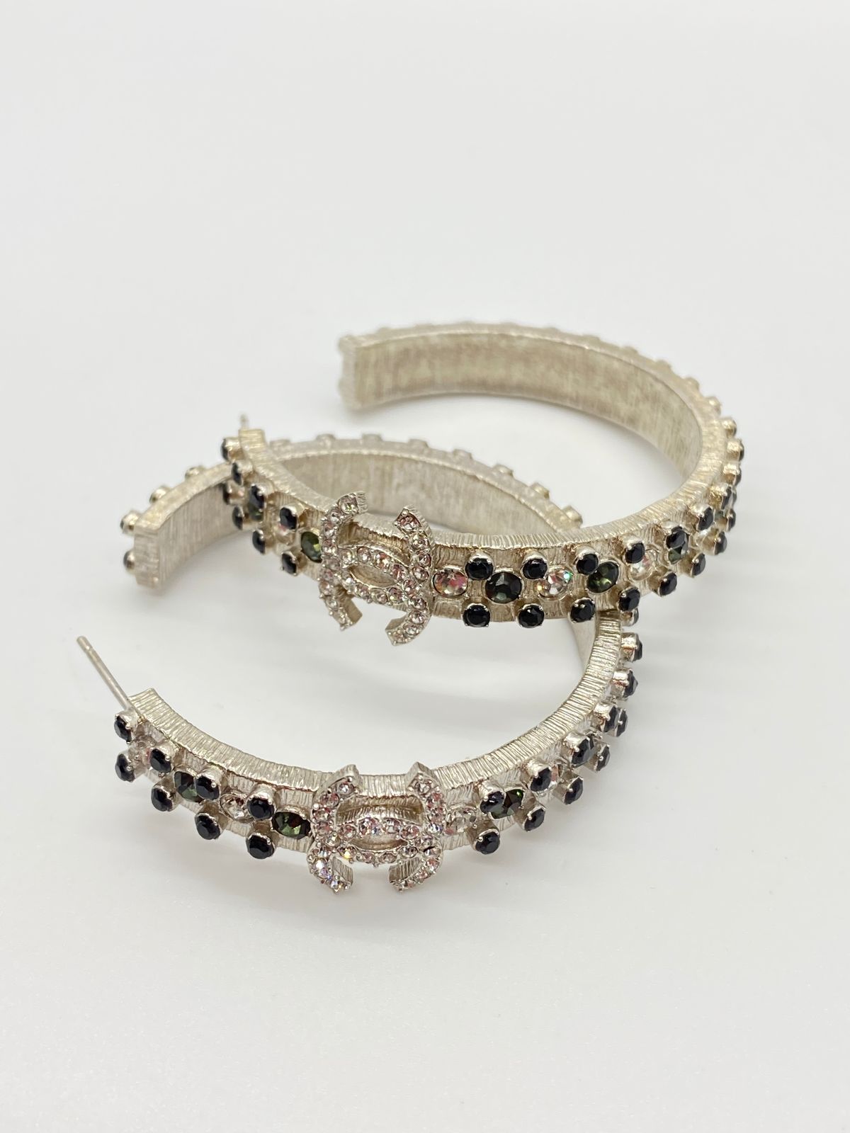 CHANEL CC Silver Tone Rhinestone Hoop Earrings - Pre owned