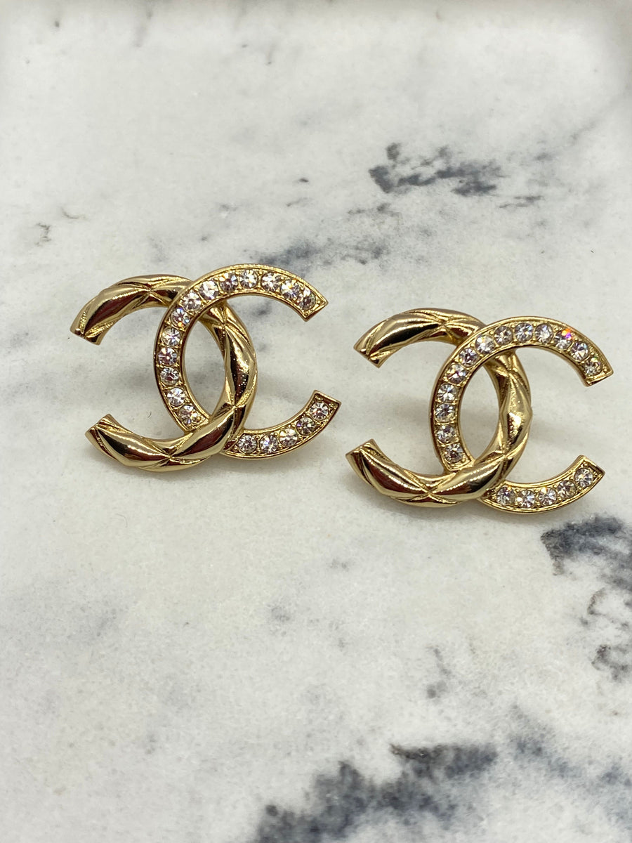 CHANEL CC Gold Tone Rhinestone Earrings - Pre owned