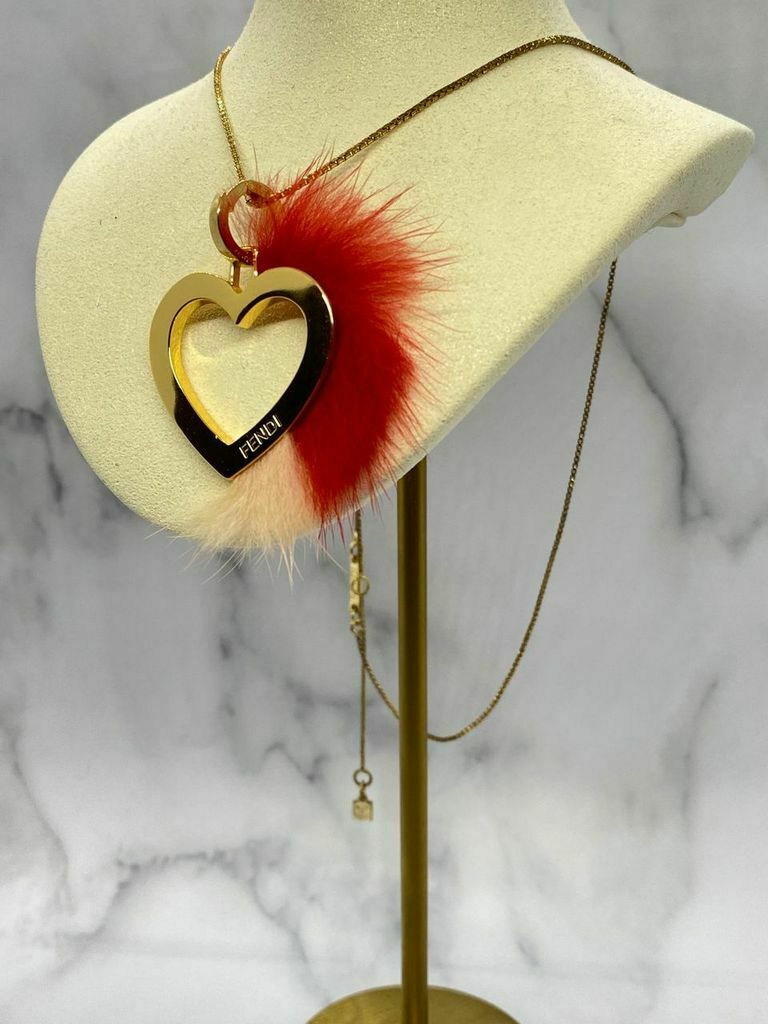 FENDI Gold Fur Trim Heart Charm Necklace - Pre owned