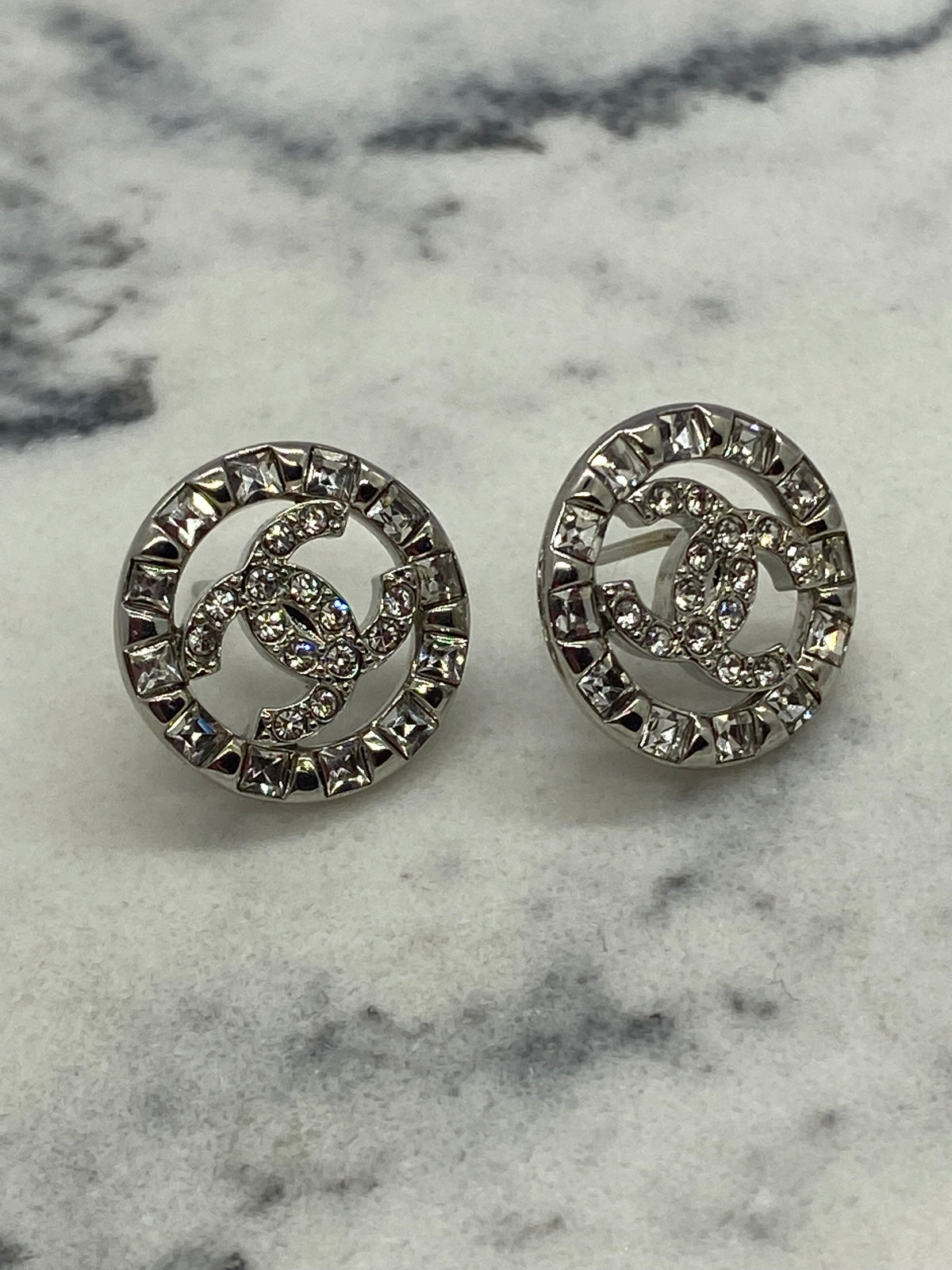 CHANEL CC Silver Tone Rhinestone Earrings - USED