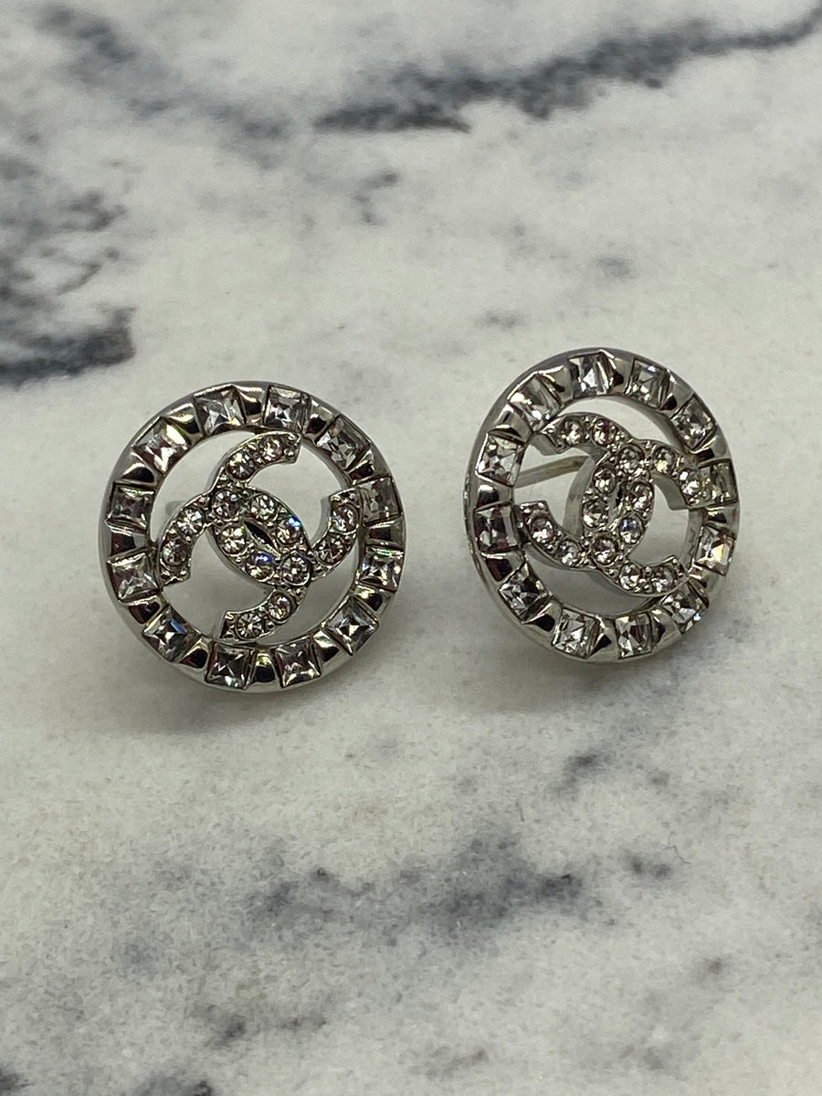 CHANEL CC Silver Tone Rhinestone Earrings - USED