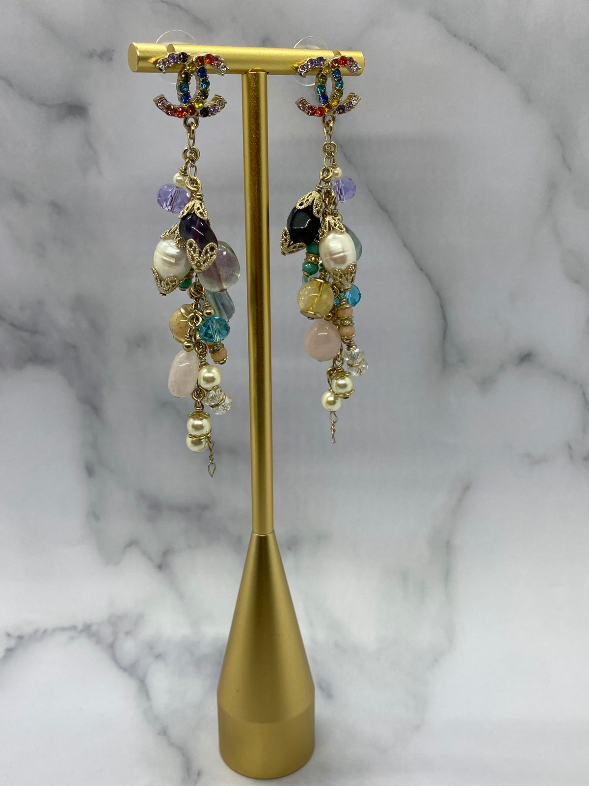 CHANEL CC Colorful Beaded Pendant Earrings - USED