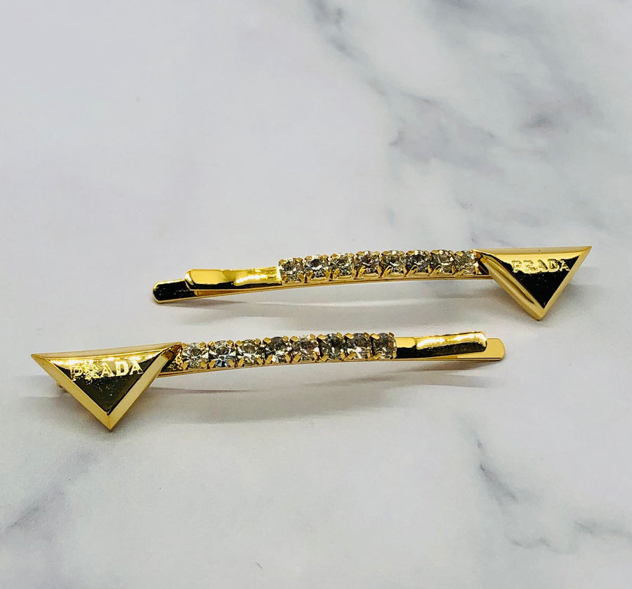 PRADA Gold Tone Rhinestone Hair Clip Barrette Set - Pre owned