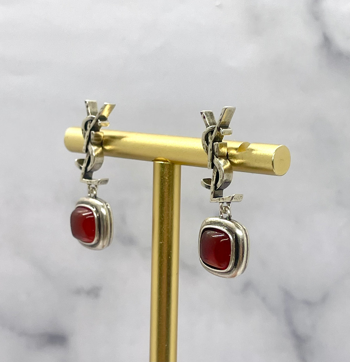 YSL YVES SAINT LAURENT Red Stone Pendant Monogram Earrings - Pre owned