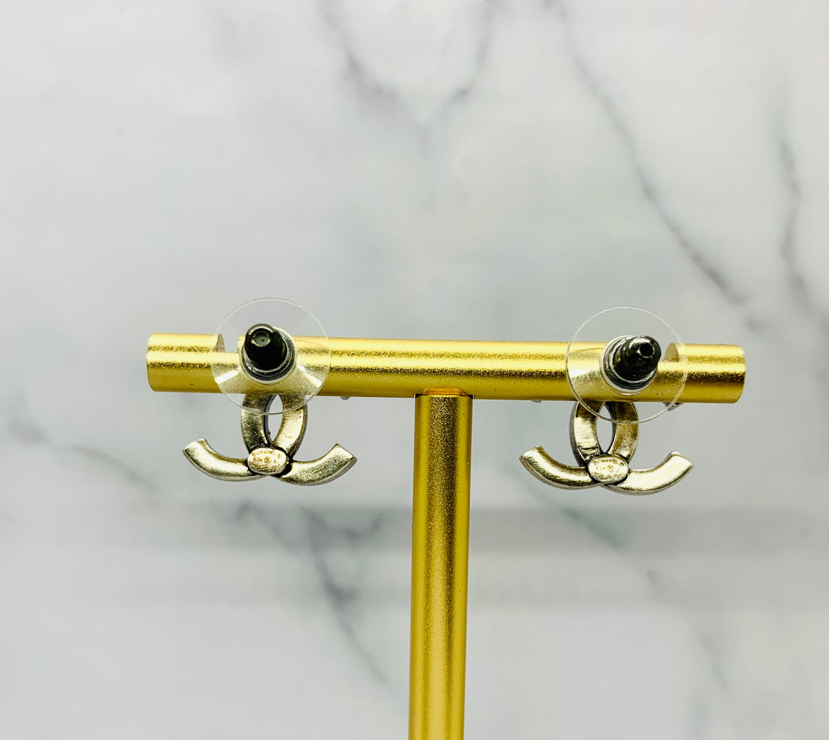 CHANEL CC Dark Silver Rhinestone Earrings - USED