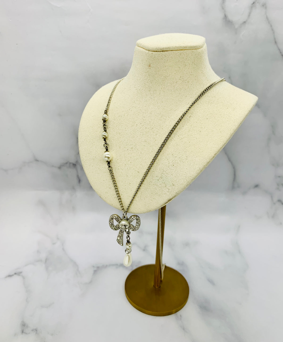 CHANEL CC Bow Rhinestone Pendant Necklace - USED